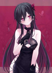 Rule 34 | 1girl, absurdres, bare shoulders, black dress, black gloves, black hair, blush, breasts, bug, butterfly, cleavage, collarbone, dress, gloves, hair between eyes, highres, insect, lace, large breasts, long hair, looking at viewer, mikami hotaka, multicolored hair, original, parted lips, pink eyes, purple butterfly, purple hair, solo, standing