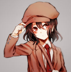 Rule 34 | 1girl, :/, adjusting clothes, adjusting headwear, asada ryou, black hair, blouse, blush, cabbie hat, closed mouth, commentary request, dress shirt, forbidden scrollery, hair between eyes, hat, jacket, long sleeves, looking at viewer, necktie, pointy ears, red eyes, red necktie, shameimaru aya, shameimaru aya (newsboy), shirt, short hair, solo, suit jacket, touhou, upper body, white shirt