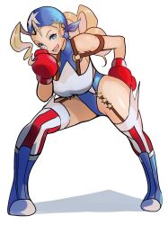 Rule 34 | 1girl, absurdres, ahoge, bandana, blonde hair, blue bandana, blue eyes, blue leotard, boots, boxing gloves, breasts, cleavage, full body, highres, justice gakuen, large breasts, leotard, long hair, looking at viewer, meke (77842928), open mouth, smile, solo, thigh boots, tiffany lords, united states, white background
