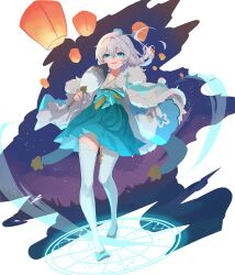 Rule 34 | 1girl, :d, absurdres, blue eyes, chinese clothes, chinese commentary, cloud, commentary request, cy fei, full body, hair between eyes, hair ornament, hand fan, highres, holding, holding fan, honkai (series), honkai impact 3rd, lantern, long hair, long sleeves, looking at viewer, night, night sky, open mouth, paper lantern, simple background, skirt, sky, smile, solo, star (sky), theresa apocalypse, zhuge kongming (honkai impact), thighhighs, white background, white hair, white thighhighs, zhuge kongming (honkai impact)