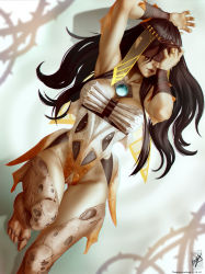 Rule 34 | 1girl, armpits, arms behind head, black hair, black tears, blindfold, breasts, circlet, clothing cutout, destiny (game), feet, hand on own face, highres, knee up, leggings, legs together, leotard, long hair, lying, personification, plant, pussy, solo, source request, themaestronoob, thighs, thorn (destiny), thorns, veil, vines