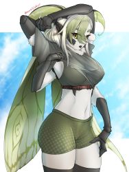 Rule 34 | 1girl, antennae, arthropod girl, bike shorts, black sclera, black tongue, breasts, bug, colored sclera, colored skin, extra arms, head wings, highres, indie virtual youtuber, insect, insect girl, juniper actias, midriff, moth, moth girl, navel, open mouth, shirt, sports bra, stomach, thick thighs, thighhighs, thighs, virtual youtuber, white skin, wings