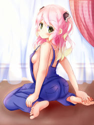 Rule 34 | 1girl, ass, barefoot, blush, breasts, curtains, denim, feet, from behind, full body, green eyes, hands on feet, long hair, looking back, naked overalls, original, overalls, pink hair, rokusan (dendoganseki), sideboob, sitting, soles, solo, toes, twintails, wariza