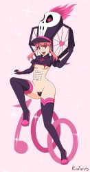 Rule 34 | 1girl, black thighhighs, blush, breasts, cameltoe, hat, heart, heart maebari, highres, jakuzure nonon, kill la kill, maebari, navel, open mouth, pink background, pink eyes, pink hair, simple background, small breasts, smile, solo, thighhighs, underboob