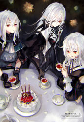Rule 34 | 3girls, anniversary, arknights, black capelet, black jacket, cake, candle, capelet, closed mouth, commentary request, copyright name, cup, fire, food, fruit, gladiia (arknights), grey shirt, hair between eyes, hair over one eye, hand up, highres, holding, holding cup, jacket, long hair, long sleeves, multiple girls, nukuyu haru, parted lips, red eyes, saucer, shirt, skadi (arknights), smile, specter (arknights), strawberry, table, teacup, very long hair, white hair