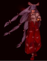 Rule 34 | 1girl, black background, boots, cigarette, envenomist (gengoroumaru), fujiwara no mokou, full body, hair over one eye, hair ribbon, long hair, looking at viewer, md5 mismatch, pants, red eyes, resized, resolution mismatch, ribbon, shirt, short sleeves, silver hair, simple background, smoke, solo, source larger, torn clothes, torn sleeves, touhou, tress ribbon, very long hair