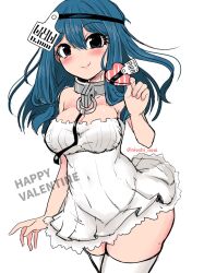 Rule 34 | 1girl, blue eyes, blue hair, blush, box, breasts, cleavage, closed mouth, collar, commentary request, covered navel, dress, gift, gift box, happy valentine, heart-shaped box, highres, holding, holding gift, long hair, looking at viewer, medium breasts, metal collar, noai nioshi, original, simple background, smile, solo, strapless, strapless dress, thighhighs, twitter username, white background, white dress, white thighhighs