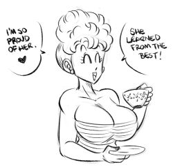 Rule 34 | 1girl, bare shoulders, bikini (dragon ball), closed eyes, collarbone, commentary, cropped torso, cup, dragon ball, dragonball z, earrings, english text, funsexydb, greyscale, highres, holding, holding cup, holding plate, jewelry, monochrome, open mouth, plate, saucer, short hair, smile, solo, strapless, symbol-only commentary, teacup, tube top