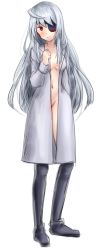 Rule 34 | 10s, 1girl, ahoge, blush, boots, highres, infinite stratos, knee boots, lab coat, laura bodewig, long hair, navel, nearly naked labcoat, no bra, no panties, pltrgst, red eyes, silver hair, solo