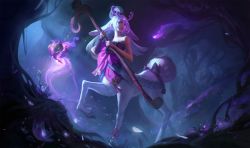 Rule 34 | 1girl, breasts, centaur, forest, league of legends, lillia (league of legends), lips, nature, official art, pointy ears, reindeer girl, spirit blossom lillia, staff, tail, taur, white hair