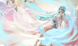 Rule 34 | 1girl, absurdres, anklet, armlet, bird, blue hair, douluo dalu, dress, floating, hair ornament, highres, jewelry, long hair, phoenix, solo, tang wutong (douluo dalu), tang wutong tengren she, weibo logo, weibo watermark, white dress