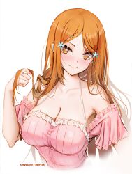 1girl alternate_eye_color artist_name bare_shoulders bleach breasts collarbone female_focus hair_ornament hairclip highres inoue_orihime kana_yukino large_breasts light_blush long_hair orange_eyes orange_hair patreon_username pink_nails shiny_skin simple_background smile upper_body white_background