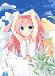 Rule 34 | 1girl, animal ears, arms up, bare arms, blue eyes, blue sky, blush, closed mouth, cloud, cloudy sky, collarbone, commentary request, day, dress, frilled dress, frills, hair between eyes, hands on headwear, hat, hat ribbon, kushida you, long hair, looking up, original, outdoors, pink hair, rabbit ears, ribbon, sky, sleeveless, sleeveless dress, smile, solo, sun hat, very long hair, vest, white dress, white hat, white vest, yellow ribbon