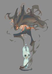 Rule 34 | black cape, cape, fire, full body, glowing, grey background, helmet, highres, hollow eyes, hollow knight, hollow knight (character), horns, knight (hollow knight), no humans, red eyes, standing, white cape, yunsan wu xiao