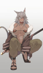 Rule 34 | 1girl, abs, absurdres, animal ear fluff, animal ears, bare shoulders, black footwear, breasts, bridal gauntlets, choker, cleavage, closed mouth, collarbone, commentary, crossed bangs, dark-skinned female, dark skin, eyepatch, facial scar, foreshortening, fur-trimmed jacket, fur trim, ghislaine dedoldia, gradient background, green pants, grey background, grey hair, hair between eyes, highres, holding, holding sword, holding weapon, jacket, jewelry, large breasts, long sleeves, looking at viewer, mushoku tensei, open clothes, open jacket, pants, red eyes, ring, sandals, scar, scar on cheek, scar on face, solo, spread legs, squatting, sword, tail, togo (pixiv 15211968), underboob, weapon, white background