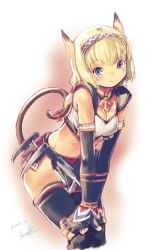 Rule 34 | 00s, 1girl, animal ears, black thighhighs, blue eyes, bra, breasts, cat ears, cat girl, cat tail, cleavage, dated, final fantasy, final fantasy xi, fingerless gloves, gloves, hairband, hands on own knees, kawata hisashi, leaning forward, leather, lingerie, looking at viewer, midriff, mithra (ff11), ribbon, smile, solo, tail, thighhighs, underwear
