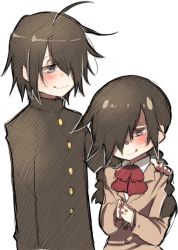 Rule 34 | 1boy, 1girl, ahoge, black hair, blush, bow, bowtie, braid, brother and sister, buttons, funamusea, hair over one eye, hatching (texture), kurai shinya, kurai yonaka, linear hatching, melonenbrot, mogeko castle, outline, own hands together, plaid, plaid bow, school uniform, siblings, smile, twin braids, white background