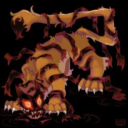 Rule 34 | animal focus, black background, claws, colored sclera, commentary, constricted pupils, dream tiger (govy9807), english commentary, full body, glowing, glowing eyes, highres, monster, no humans, open mouth, original, qrowquinn, ripples, sharp teeth, simple background, solo, tail, teeth, tiger, yellow eyes, yellow sclera