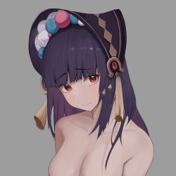 Rule 34 | 1girl, absurdres, black hair, bonnet, breasts, cleavage, collarbone, embarrassed, genshin impact, grey background, hair ornament, highres, long hair, looking at viewer, medium breasts, nude, out-of-frame censoring, red eyes, simple background, smile, solo, soriham, tassel, upper body, yun jin (genshin impact)