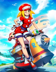 Rule 34 | 1girl, animal, belt, bent over, bike shorts, bike shorts under shorts, blonde hair, breasts, brown gloves, buttons, cabbie hat, capcom, cloud, covered navel, data (mega man), day, full body, genzoman, gloves, green eyes, grin, hand on own hip, hat, holding, holding wrench, hover scooter, impossible clothes, looking at viewer, medium breasts, mega man (series), mega man legends (series), monkey, motor vehicle, ocean, one eye closed, outdoors, red footwear, red shorts, roll caskett (mega man), shoes, short shorts, short sleeves, shorts, sky, smile, solo, teeth, tools, undershirt, wink, wrench