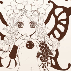 Rule 34 | 1girl, braid, finger to mouth, flower, food, fruit, grapes, holding, looking at viewer, mercedes (odin sphere), monochrome, odin sphere, outline, pink theme, pointy ears, puff and slash sleeves, puffy sleeves, solo, takanashi, twin braids, wings