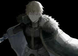 Rule 34 | 1boy, 31tamagokake580, armor, black background, black shirt, blonde hair, blue eyes, cape, closed mouth, crossed bangs, expressionless, fate/grand order, fate (series), faulds, fur-trimmed cape, fur trim, gauntlets, gawain (fate), green cape, hair between eyes, highres, holding, holding sword, holding weapon, long sleeves, looking at viewer, male focus, muted color, outstretched arm, shirt, short hair, simple background, solo, sword, turtleneck, upper body, weapon