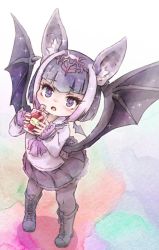 Rule 34 | 1girl, animal ears, bat ears, bat wings, blood, blood bag, boots, commentary request, common vampire bat (kemono friends), cross-laced footwear, fangs, frilled skirt, frilled sleeves, frills, from above, headdress, highres, kemono friends, kolshica, lace-up boots, long sleeves, looking at viewer, multicolored hair, neckerchief, open mouth, pantyhose, pink hair, pleated skirt, purple eyes, sailor collar, short hair, sidelocks, skirt, solo, sparkle, white hair, wings