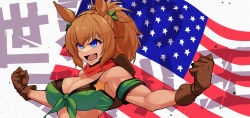 Rule 34 | &gt;:), 1girl, :d, absurdres, american flag, animal ears, armband, bandeau, bare shoulders, bikini, bikini under clothes, blue eyes, breasts, brown gloves, brown hair, cleavage, clenched hands, commentary request, detached sleeves, front-tie bikini top, front-tie top, gloves, green armband, haibarasaika, hair ornament, highres, horse ears, large breasts, open mouth, short hair, short sleeves, smile, solo, star (symbol), strapless, swimsuit, taiki shuttle (umamusume), tube top, umamusume, upper body, v-shaped eyebrows, white background