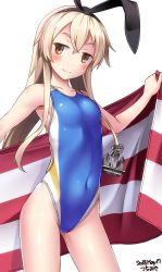 Rule 34 | 1girl, anchor hair ornament, armpits, artist name, blonde hair, blue one-piece swimsuit, cameltoe, competition swimsuit, cowboy shot, dated, flat chest, groin, hair between eyes, hair ornament, highres, kantai collection, long hair, looking at viewer, one-piece swimsuit, shimakaze (kancolle), simple background, smile, solo, standing, striped towel, swimsuit, towel, tsuchimiya, white background, yellow eyes