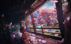 Rule 34 | 3girls, absurdres, architecture, black hair, blurry, cherry blossoms, cherry tree, cloud, commentary request, dated, depth of field, east asian architecture, fantasy, garden, grass, highres, japan, japanese clothes, kimono, lantern, long hair, mountain, multiple girls, original, plant, pond, print kimono, railing, red kimono, rei (lappy mofumofu), scenery, standing, wooden floor