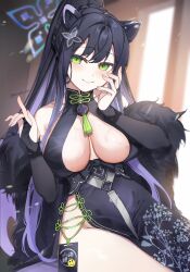 Rule 34 | 1girl, absurdres, animal ears, bare shoulders, black dress, black hair, blue archive, blush, breasts, bridal gauntlets, cleavage, closed mouth, dress, feather boa, floral print, green eyes, hair ornament, halo, hands up, highres, large breasts, laudayon, long hair, ponytail, revision, shun (blue archive), smile, solo, thighs