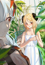 Rule 34 | 2girls, absurdres, alternate hairstyle, arknights, bare arms, black horns, blonde hair, blurry, blurry background, blurry foreground, blush, closed mouth, collarbone, commentary request, dragon horns, dress, greenhouse, hands up, highres, horns, ifrit (arknights), long hair, looking away, looking back, multiple girls, open mouth, plant, railing, red eyes, saria (arknights), shade, sleeveless, sleeveless dress, standing, sundress, tree, white dress, white hair, yurusu delight