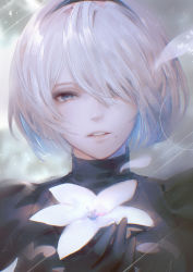 Rule 34 | 1girl, artist name, black gloves, blue eyes, commentary request, flower, gloves, hair ornament, hair over one eye, hairband, highres, holding, lips, looking at viewer, lunar tear, mole, mole under mouth, nier:automata, nier (series), parted lips, short hair, signature, simple background, solo, turtleneck, upper body, white flower, white hair, yct (yoct o), 2b (nier:automata)