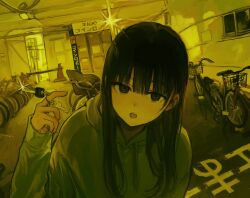Rule 34 | 1girl, :o, bicycle, black eyes, black hair, blunt bangs, funabashi (iwzry), hand up, holding, holding key, hood, hood down, hoodie, key, long hair, long sleeves, looking at viewer, open mouth, original, parking lot, sleeves past wrists, solo, sparkle, traffic cone, upper body, white hoodie, yellow theme