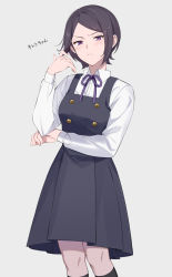 Rule 34 | 1girl, black dress, black hair, blush, closed mouth, collared shirt, cowboy shot, dress, frown, grey background, hand up, highres, inn 110, kitora ai, long skirt, long sleeves, looking at viewer, neck ribbon, purple eyes, purple ribbon, ribbon, shirt, short hair, simple background, skirt, solo, standing, v-shaped eyebrows, white shirt, world trigger