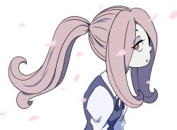 Rule 34 | 10s, 1girl, alternate hairstyle, cherry blossoms, commentary, half-closed eyes, kunikuno, little witch academia, long hair, pale skin, pink hair, ponytail, red eyes, shirt, solo, sucy manbavaran, white background