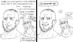 Rule 34 | 1boy, 1girl, :d, absurdres, bad id, bb (baalbuddy), beard, breasts, cleavage, commentary, coomer (meme), elf, english commentary, english text, facial hair, glasses, greyscale, highres, inactive account, jitome, medium hair, meme, monochrome, open mouth, original, parted lips, pointy ears, simple background, smile, white background