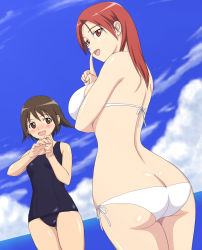 Rule 34 | 2girls, age difference, appurin, ass, bikini, blush, breasts, brown eyes, brown hair, butt crack, flat chest, happy, huge ass, large breasts, long hair, minna-dietlinde wilcke, miyafuji yoshika, multiple girls, one-piece swimsuit, open mouth, outdoors, red eyes, red hair, school swimsuit, short hair, size difference, sky, strike witches, swimsuit, water, world witches series
