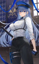 Rule 34 | 1girl, banner, black pants, blue eyes, blue gloves, blue hair, blue hat, blue necktie, braid, breasts, collared shirt, copyright request, cowboy shot, cross, cross earrings, dagger, earrings, gloves, hair between eyes, hat, highres, holding, holding sword, holding weapon, indoors, jewelry, knife, large breasts, long hair, long sleeves, mole, mole under eye, necktie, pants, parted lips, peaked cap, sheath, sheathed, shirt, silvertsuki, solo, straight hair, sword, thigh strap, underbust, very long hair, weapon, white shirt, window