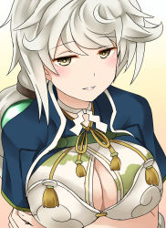 Rule 34 | 10s, 1girl, asymmetrical hair, braid, breast hold, breasts, cleavage, cleavage cutout, clothing cutout, cloud print, commentary request, crop top, dated, detached collar, from above, hair between eyes, hair ornament, highres, kamelie, kantai collection, large breasts, long hair, looking at viewer, one-hour drawing challenge, parted lips, revision, short sleeves, silver hair, single braid, smile, solo, unryuu (kancolle), upper body, very long hair