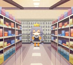 Rule 34 | 1girl, = =, aisle, black dress, blush stickers, braid, chibi, collared shirt, commentary request, cross tie, crown, dress, facing viewer, fake facial hair, fake mustache, gloves, grey hair, hands on own hips, highres, king, kizuna akari, konohoshi, long hair, orange gloves, orange pantyhose, pantyhose, puffy short sleeves, puffy sleeves, ribbed shirt, shelf, shirt, short sleeves, solo, standing, striped clothes, striped gloves, striped pantyhose, supermarket, twin braids, v-shaped eyebrows, vanishing point, vertical-striped clothes, vertical-striped gloves, vertical-striped pantyhose, very long hair, vocaloid, voiceroid, white shirt, wide shot