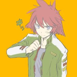 Rule 34 | 10s, 1girl, bad id, bad pixiv id, blue eyes, blush, bukiyama, canon memphis, hand on own chest, jacket, long sleeves, military, military uniform, red hair, short hair, simple background, solo, soukyuu no fafner, uniform, yellow background