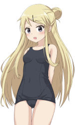 Rule 34 | 1girl, arms behind back, black eyes, black one-piece swimsuit, blonde hair, breasts, commentary request, commission, hair bun, hair ornament, hairclip, highres, kin-iro mosaic, kujou karen, looking at viewer, one-piece swimsuit, school swimsuit, side bun, simple background, single hair bun, single side bun, small breasts, solo, swimsuit, takasuma hiro, white background, x hair ornament