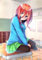 Rule 34 | 1girl, absurdres, blue cardigan, blue eyes, blurry, blurry background, blush, breasts, brown hair, brown pantyhose, cardigan, chair, closed mouth, collared shirt, commentary request, depth of field, desk, eyebrows hidden by hair, go-toubun no hanayome, green skirt, hair between eyes, head tilt, headphones, headphones around neck, highres, honorikiti, indoors, long hair, looking at viewer, medium breasts, nakano miku, no shoes, on desk, pantyhose, pleated skirt, school chair, school desk, shirt, sitting, on desk, skirt, smile, solo, twitter username, white shirt, wooden floor