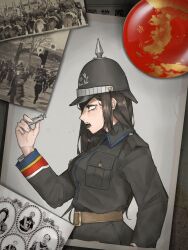 Rule 34 | 1girl, belt, black jacket, brown belt, brown eyes, brown hair, eyepatch, from side, hearts of iron, helmet, highres, holding, holding whistle, jacket, kaiserreich, korea, long hair, long sleeves, military, combat helmet, military uniform, mole, mole under eye, open mouth, photo inset, profile, pzkpfwi, soldier, solo, uniform, whistle