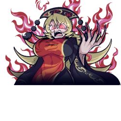 Rule 34 | 1girl, angry, black dress, blonde hair, breasts, chinese clothes, dress, fingernails, from below, hat, helltaker, junko (touhou), large breasts, long fingernails, long hair, long sleeves, looking at viewer, nail polish, open mouth, red eyes, red nails, sash, shirt, solo, tabard, touhou, transparent background, underboob, warugaki (sk-ii), wide sleeves