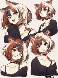 1girl :3 animal_ears black_choker black_shirt blue_eyes body_fur cat_ears cat_girl choker collarbone furry furry_female grey_background heterochromia highres looking_at_viewer multiple_views nonoka917 off_shoulder open_mouth original parted_lips shirt sleeves_past_fingers sleeves_past_wrists smile whiskers white_fur yellow_eyes