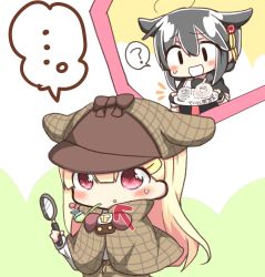 Rule 34 | ..., 10s, 2girls, ?, alternate costume, arrow (symbol), black hair, blonde hair, capelet, chibi, commentary, deerstalker, detective, food, food on face, hair flaps, hair ornament, hairclip, hat, highres, holding, jako (jakoo21), kantai collection, long hair, magnifying glass, multiple girls, red eyes, shigure (kancolle), spoken ellipsis, spoken question mark, translated, yuudachi (kancolle)