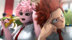 Rule 34 | 1boy, 2girls, 3d, :|, arm up, ashido mina, banana, black sclera, blurry, blurry background, blush, boku no hero academia, breasts, cafeteria, closed mouth, colored sclera, colored skin, commentary, english commentary, epaulettes, food, fruit, greatm8, hagakure tooru, hand on own head, hand rest, hands up, highres, holding, holding food, holding fruit, horns, indoors, invisible, kirishima eijirou, looking at another, looking away, medium breasts, multiple girls, open mouth, pink hair, pink skin, plant, raised eyebrow, red eyes, school uniform, shirt, short hair, sleeves rolled up, source filmmaker (medium), spiked hair, sweat, tongue, tongue out, u.a. school uniform, v-shaped eyebrows, white shirt, window, wing collar, yellow eyes