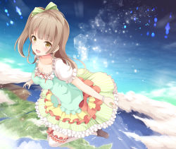Rule 34 | 10s, 1girl, :d, aibumi, bad id, bad pixiv id, bird, black footwear, bow, brown eyes, brown hair, flying, frilled shirt collar, frilled sleeves, frilled thighhighs, frills, green bow, hair bow, highres, layered skirt, long hair, looking at viewer, love live!, love live! school idol festival, love live! school idol project, minami kotori, one side up, open mouth, over-kneehighs, pen-zin, scrunchie, shoes, short sleeves, skirt, smile, solo, thighhighs, white thighhighs, wrist scrunchie